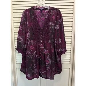 Roaman's Plum/Pink Paisley Chiffon V Neck Crochet Button 3/4 Sleeve 16W Pleated‎
